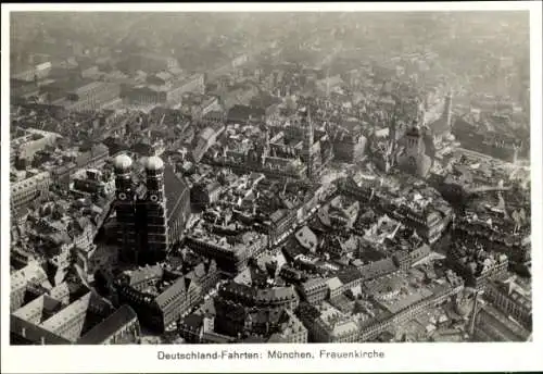 Foto München, Gesamtansicht der Stadt, Frauenkirche, Fliegeraufnahme, Zeppelin Deutschlandfahrten