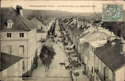 Ak Champagnole Jura, Straße von  Aussicht von der Tour, alte Häuser, Pferdewagen, Bevölkerung