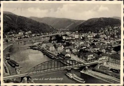 Ak Děčín Tetschen an der Elbe Region Aussig, Stadtansicht mit Quaderberg, Fluss, Brücke, Häuser