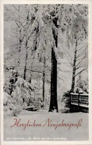 Ak Bischofswerda in Sachsen, Winterlandschaft, verschneite Bäume, Zaun, Grußkarte, Neujahrsgruß