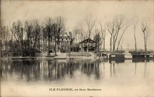 Ak Nanterre Hauts de Seine, Ile Fleurie, Häuser, Bäume, Wasser, schwarz-weiß, alte 
