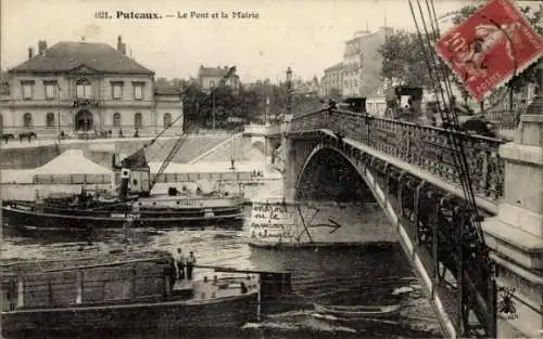 Ak Puteaux Hauts de Seine, Brücke, Rathaus, Boot, Fluss, Hafen