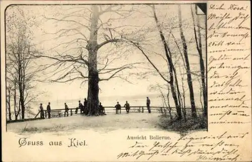 Ak Kiel, Gruss aus  Aussicht Bellevue, große Baumgruppe, Personen auf der Terrasse