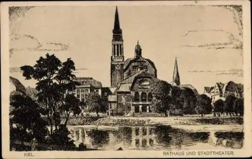 Ak Kiel, Rathaus, Stadttheater, spiegelnd im Wasser, Bäume im Vordergrund