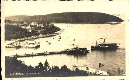 Foto Ak Glücksburg an der Ostsee, Bucht, Dampfer