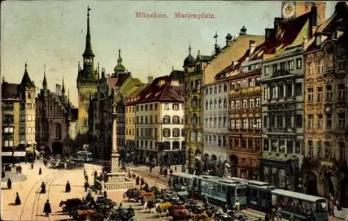 Ak München, München Marienplatz,  Architektur, Straßenbahn, Menschen und Kutschen