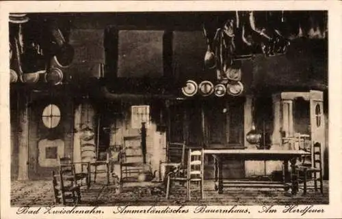 Ak Bad Zwischenahn in Oldenburg, Ammerländisches Bauernhaus, Herdfeuer, Tische, Stühle, Töpfe