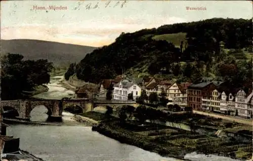 Ak Hann. Münden in Niedersachsen, Weserblick, Brücke,  Architektur, Flusslandschaft