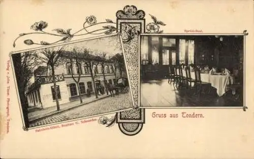 Ak Tønder Tondern Dänemark, Bahnhofs-Hotel, Besitzer G. Schroeder, Speise-Saal, Gruss aus Tondern
