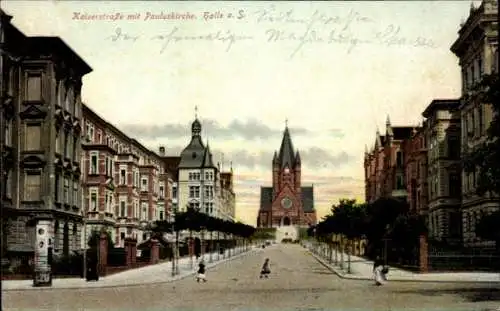 Ak Halle an der Saale, Kaiserstraße, Pauluskirche,  Architektur, Straßenansicht