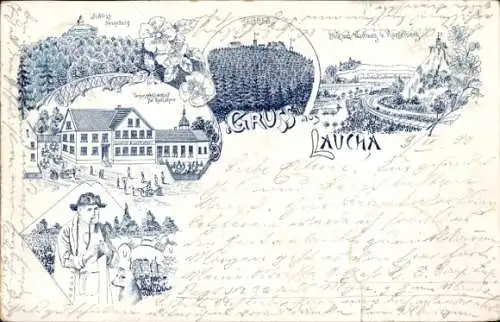 Litho Laucha Hörsel in Thüringen, Schloss, Hörselberg, Gasthof, Mann in Tracht, Pfeife