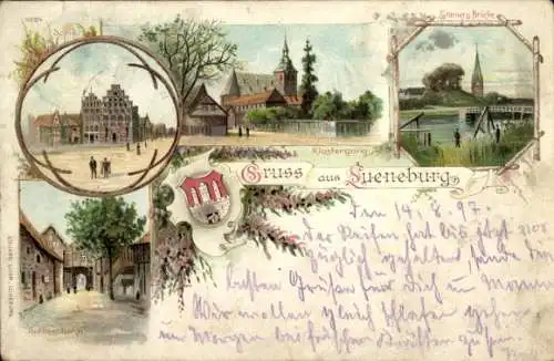 Litho Lüneburg in Niedersachsen, Brücke, Sand, Klostergang, Roter Hahn, Wappen