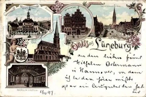 Litho Lüneburg in Niedersachsen, Nicolaikirche, Rathaus, Markt, Engel, Wappen