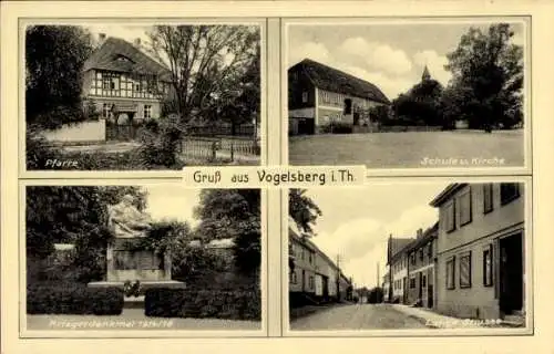 Ak Vogelsberg in Thüringen, Lange Straße, Schule, Kirche, Pfarre, Kriegerdenkmal