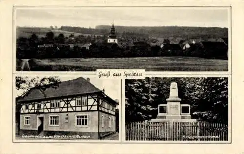 Ak Sprötau in Thüringen, Vielzahl von Häusern, Kirche, Gasthaus zum Waldschlößchen, Denkmal