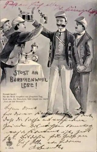 Studentika Ak Stoßt an Burschenwohl lebe!, Studenten mit Bierkrügen