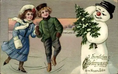 Ak Glückwunsch Neujahr, Kinder, Schneemann
