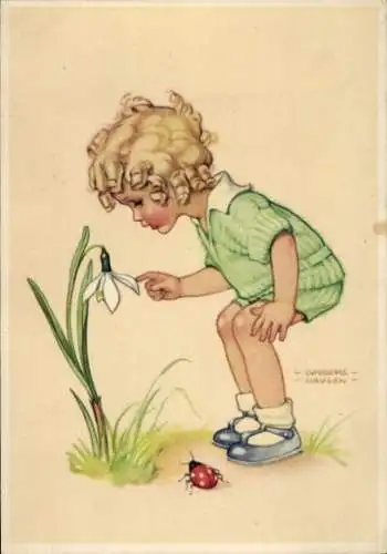 Künstler Ak Lungershausen, Ilse Wende, Mädchen an einer Blume, Schneeglöckchen, Marienkäfer