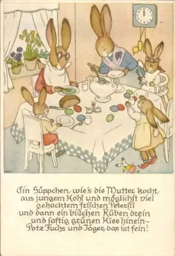 Künstler Ak Hasenfamilie am Esstisch, ein Süppchen, wie's die Mutter kocht, aus jungem Kohl