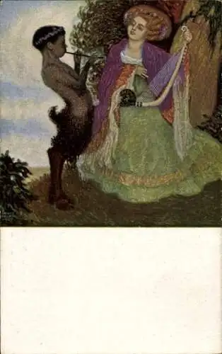 Künstler Ak Pellar, H., Scherzo, Satyr spielt auf der Flöte, Frau spielt Harfe