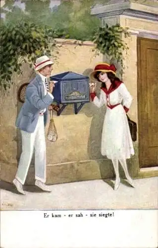 Künstler Ak Zahl, Hans, Er kam, er sah, sie siegte, Mann mit Tennisschläger