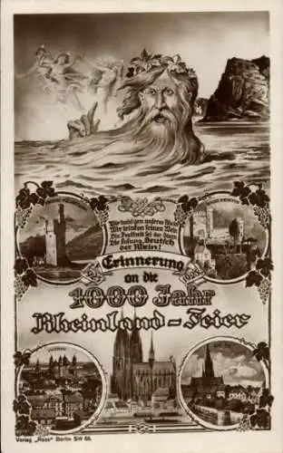 Ak 1000-Jahrfeier Rheinland, Vater Rhein, Kölner Dom, Binger Mäuseturm, Schloss Rheinstein