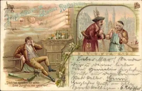 Litho Hansestadt Bremen, Phantasien im Bremer Ratskeller, Betrunkener mit Weinflaschen, Katze