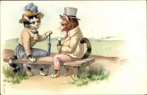 Litho Vermenschlichte Katzen, Paar auf einer Bank