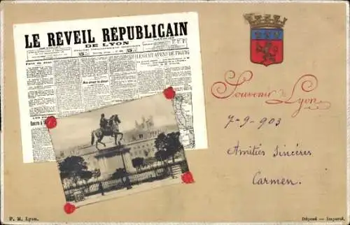 Zeitungs Ak Lyon Rhône, Denkmal, Wappen, Le Reveil Republican