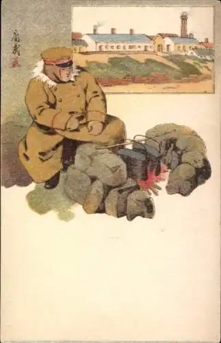 Künstler Ak Japanischer Soldat im Uniformmantel, am Lagerfeuer