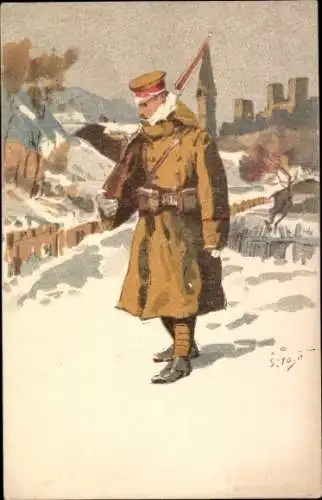 Künstler Ak Japanischer Soldat in Uniformmantel, Wachtposten, Winter