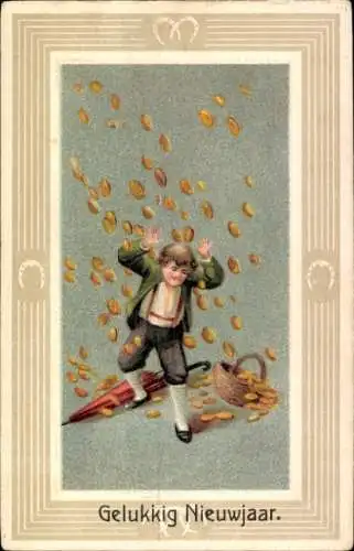 Präge Ak Fröhliches Neujahr, Junge im Geldregen, Münzen