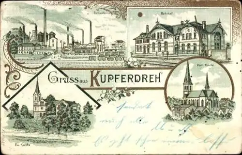 Litho Kupferdreh Essen im Ruhrgebiet, Bahnhof, Kirchen, Portland-Cementfabrik
