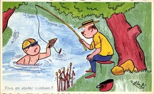 Künstler Ak Vous en voulez combien, Humor, Angeln