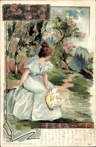 Litho Er kommt, Frau erwartet ihren Geliebten, Blühender Baum, Kitsch