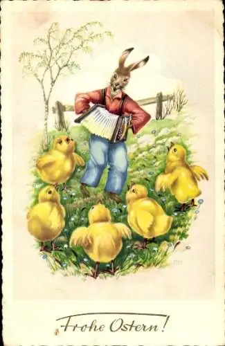 Ak Frohe Ostern, Osterhase mit Küken, Akkordeon