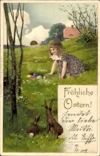 Künstler Ak Fröhliche Ostern, zwei Hasen schauen zu Mädchen mit Eiern