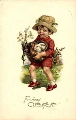 Ak Frohe Ostern, Kind trägt Hasen in einem Korb