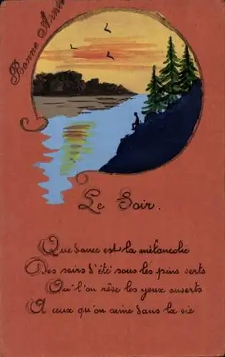 Passepartout Ak Frohes Neujahr, Wasser Idyll mit Bäumen