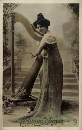 Ak Fröhliches Neujahr, Dame mit Harfe