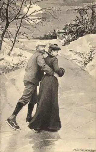 Ak Pärchen auf Schlittschuhen