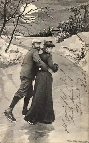 Ak Pärchen auf Schlittschuhen