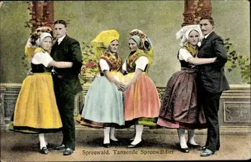 Ak Spreewald, Tanzende Spreewäldler, Volkstracht
