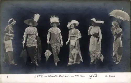 Ak Sommer, Pariser Silhouetten, Frauen in Kleidern, mit Hüten und Schirmen, 1912