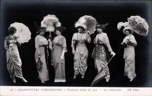 Ak Pariser Silhouetten, Sommermode 1913, Damen mit Sonnenschirmen, Kleider