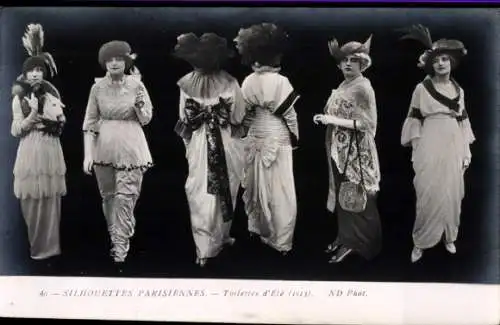 Ak Pariser Silhouetten, Sommermode 1913, Damen in Kleidern, Hüte