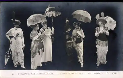 Ak Pariser Silhouetten, Sommermode 1913, Damen mit Sonnenschirmen, Kleider