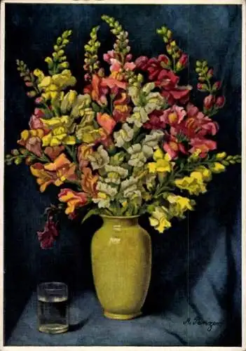 Künstler Ak M. Panzer, Löwenmäulchen, Blumenvase