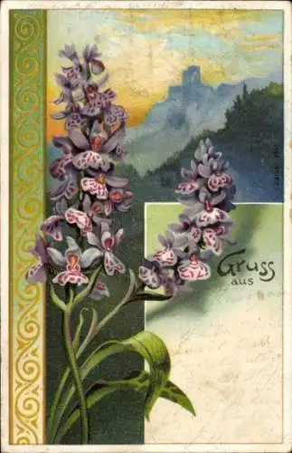 Litho Gruß, Kitsch, Violette Blüten, Burgruine, Lavendel