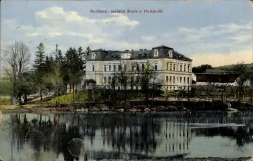 Ak Humpolec Region Hochland, Gebäude am Wasser, Rolnicko-Inářská škola, Bäume, ruhige Landschaft